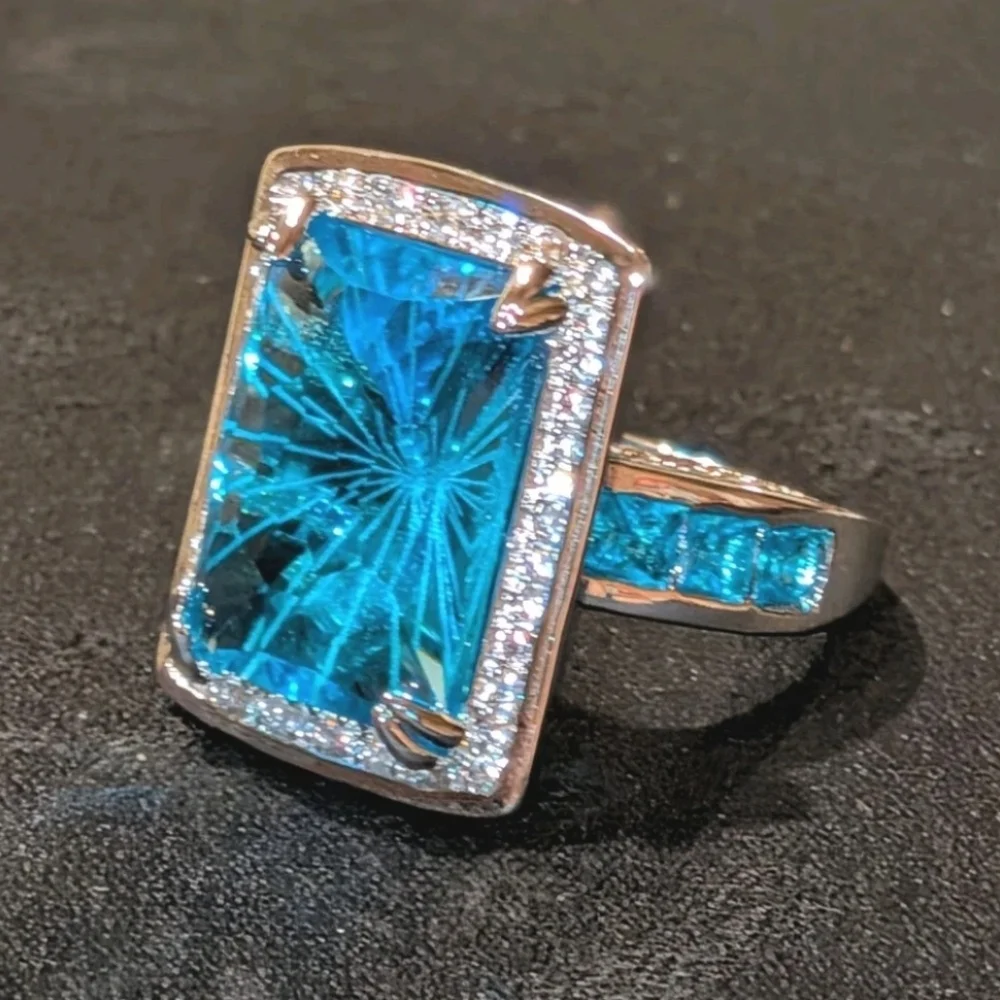 12 TCW Swiss Blue topaz & White Sapphire Luxurious 925 Silver Statement Ring Sz9